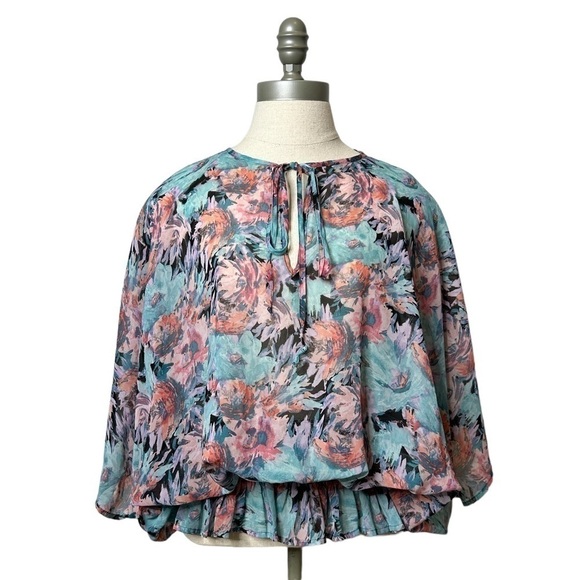 Allen B Floral Sheer Flutter Short Sleeve Elastic Smocked Blouse Size Large - Picture 1 of 16